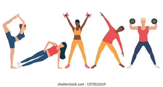 Collection of male and female athletes at sports training. Bundle of athletes busy with different activities. Vector illustration can be used for presentation, brochure, advertisement