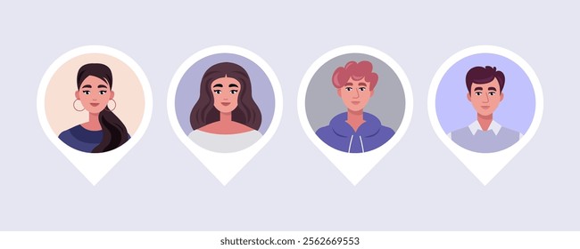 A collection of male and female avatars. Location pin marker with people icon. Vector set in a flat style