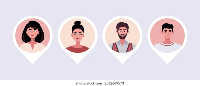 A collection of male and female avatars. Location pin marker with people icon. Vector set in a flat style