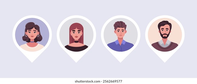 A collection of male and female avatars. Location pin marker with people icon. Vector set in a flat style