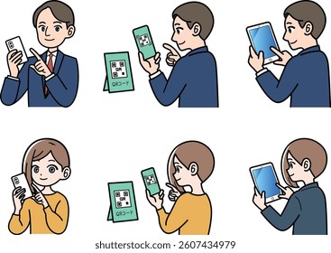 Collection of male and female businessmen operating devices