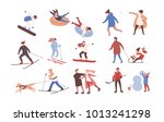 Collection of male and female cartoon characters performing winter activities. Set of men and women dressed in outerwear skiing, ice skating, snowboarding, playing hockey. Flat vector illustration.