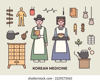Collection of male and female characters in Korean traditional doctor costumes and Korean traditional medical equipment icons. - Shutterstock ID 2229273563
