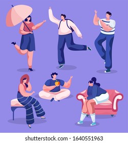 Collection of male and female characters. Man and woman of young age. Isolated teenagers sitting on sofa and talking. Lady holding umbrella parasol in hands. Guy with rucksack, students vector