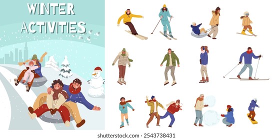 Collection of male and female  characters performing winter activities. Set of men and women dressed in outerwear skiing, ice skating, snowboarding, playing hockey. Flat vector illustration.