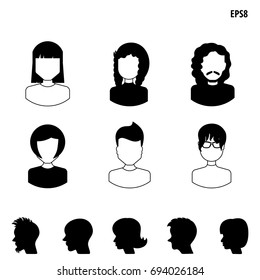 Collection of male and female faces avatars. Black and white icons, logo, template, pictogram or button set