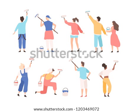 Collection of male and female painters holding paint rollers and painting or writing advertising text on wall. Set of cartoon characters isolated on white background. Flat vector illustration.