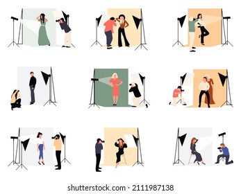 Collection of male and female photographers working at photographic studio. Stylish models outdoor photoset isolated design elements on white background.