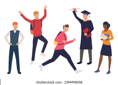 Collection of male and female pupils. Flat cartoon characters on campus of community college. Vector illustration can be used for promotion, brochure, presentation
