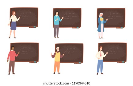 Collection of male and female school or college teachers, professors, education workers standing beside chalkboard, holding pointer and teaching. Colorful vector illustration in flat cartoon style.