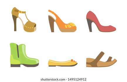 Collection of Male and Female Shoes, Boots, Sandals, Ballets, High Heels Side View Vector Illustration