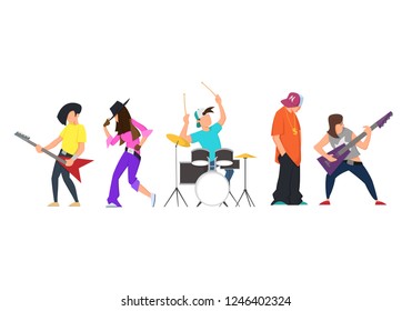 Collection of male and female singers and musicians isolated on white background. Men and women singing and playing guitar, cello, drum kit, violin. Vector illustration in flat style isolated