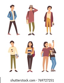 Coleção de estudantes masculinos e femininos vestidos com roupas modernas isoladas em fundo branco. Conjunto de jovens homens e mulheres carregando livros. Pacote de personagens de desenhos animados planos. Ilustração vetorial.