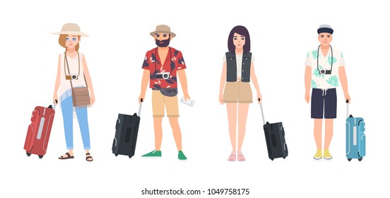 Collection of male and female travelers dressed in summer clothes. Set of men and women tourists with suitcases. Modern cartoon characters isolated on white background. Colorful vector illustration