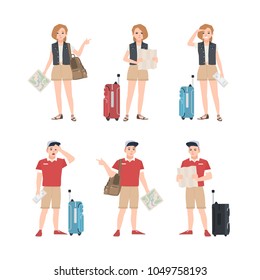 Collection of male and female travelers with map standing in various poses. Set of man and woman tourists trying to find touristic location or destination. Flat cartoon colorful vector illustration