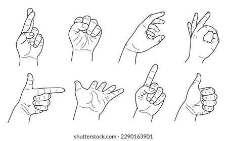 Collection of male hand gestures set on white background. Vector illustration.