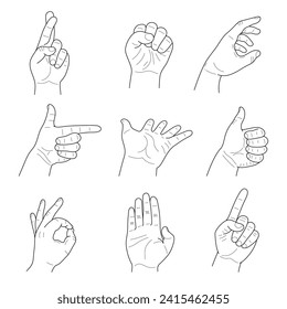 Collection of male hand gestures set on white background. Sketches vector illustration.