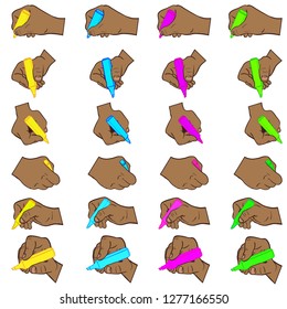 Collection of male hands of an African American with highlighter in different positions and colors. Yellow, blue, pink, green, brown, black. Vector graphic, isolated.