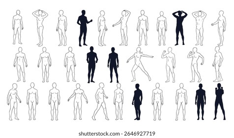 Coleção de Poses de Figura Humana Masculina e Silhuetas para Referência Artística e Design