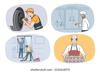 Collection of male jobs and professions. Set of men occupations and careers. Mechanic or repairman, chef, cleaner and pastry cook. People works and positions. Vector illustration. 