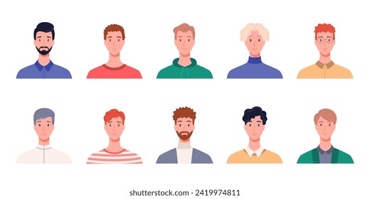 Collection of a male portraits, front view. Modern flat vector illustration isolated on white background