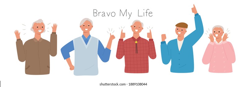 Collection of male senior characters. Her grandfathers are making a lively and positive gesture. flat design style minimal vector illustration.