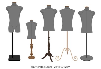 Collection of male tailor dress forms in black color with various vintage and modern stands. Vector illustration of sewing mannequins for fashion design, tailoring, and garment construction.