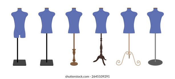 Collection of male tailor dress forms in blue color with various vintage and modern stands. Vector illustration of sewing mannequins for fashion design, tailoring, and garment construction.