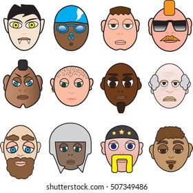 Collection of Male Vector Faces, Goth, Vampire, Swimmer, Punk, 