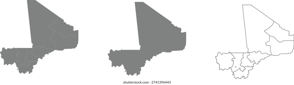 Collection of Mali maps. Solid country silhouette. Map with internal regional borders. Outline map with political divisions. Transparent backgrounds provided.