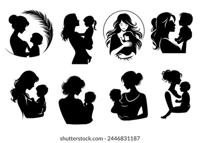 Collection of mama and child, mothers day silhouettes, Happy Mothers Day, mother and daughter portraits, mom silhouette, mom's day, vector decorative silhouettes