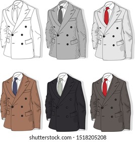 Collection of man business style jackets. Formal suit, tie, different color combinations. Vector illustration.