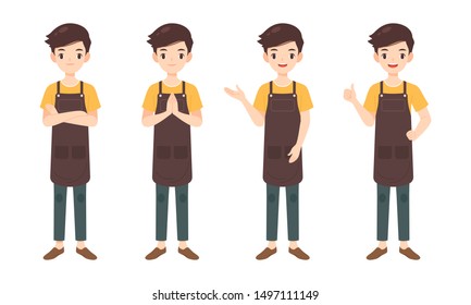 Collection of man character in many pose, shop assistance mascot,flat cartoon vector illustration