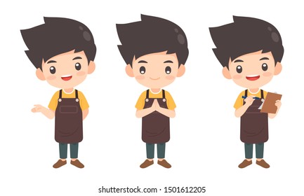 Collection of man character in many pose, shop assistance mascot,flat cartoon vector illustration