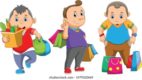 The collection of the man holds the paper bag after shopping of the illustration