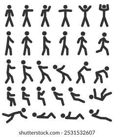 Coleção de ícones, silhuetas de pessoas, várias posturas humanas. Imagem de ilustração Vetor do tipo Stick man. Isolado no fundo branco.