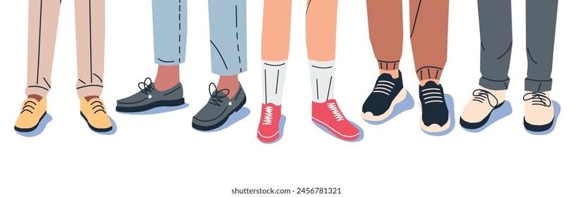 Collection of Man Legs in Stylish Sneakers. Set of Various Male Shoes with Feet. Boots, Sneakers, Boat, Topsider. Men Footwear. Different Male Shoes. Cartoon Flat Vector Illustration