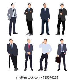 Collection of man silhouettes, dressed in business style. Formal suit, tie, different poses. Flat style vector image.