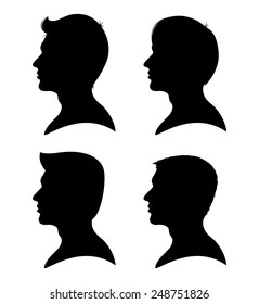 Collection of man silhouettes from profile with different hair styles isolated on white