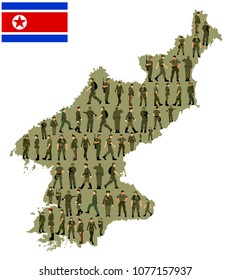 Collection of man soldiers vector over North Korea map isolated on white background. Saluting army soldier's vector. (Memorial, Veteran's day). army and military. Nuclear war threat. North Korea flag.