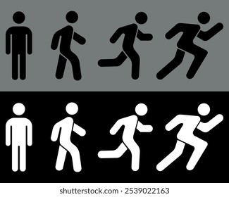 Collection of of Man stands, walk and run icon. Person standing, walking and running. Run, walk, stand. People symbol in fill shape. Vector illustration isolated on black and gray background.