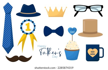 Collection of man symbols. Clip art happy Father's day. Tie, hat, cup, muffin, eyeglasses, mustache, crown, medal. Vector illustration.