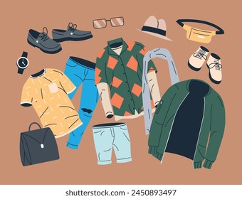 Colección del Hombre. Conjunto de Iconos de Ropa y Accesorios Masculinos. Ropa de varios hombres. Chaqueta, Zapatos, Camisa, Pantalones, Relojes, Gafas, Sombrero. Ilustración vectorial plana de dibujos animados