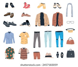 Kollektion von Man Wardrobe. Set von Männliche Kleidung und Zubehör Icons. Verschiedene Männer Kleidung. Jacke, Schuhe, Hemd, Hose, Uhren, Brille, Hut. Cartoon-Flat-Vektorillustration