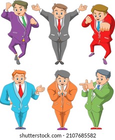 The collection of the man is wearing the suit with the different pose of illustration