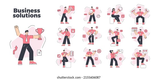 Collection man and woman business solutions marketing strategy profit analyzing vector flat illustration. Set office employee report presentation idea brainstorming achievement deadline announcement