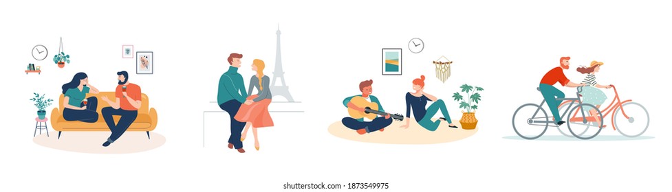 Collection of man and woman cartoons - romantic couple dating. Couples sitting at home or in a coffee shop walking Paris or riding bikes. Flat cartoon colorful vector illustrations