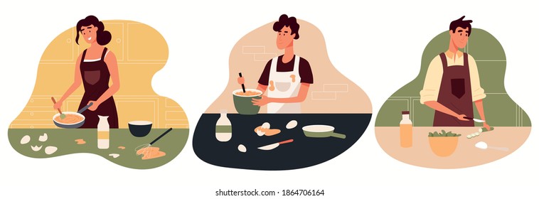 Collection of man and woman cooking set. People preparing healthy meal in kitchen. Vector illustration in flat style.