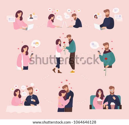 Collection of man and woman using website or mobile application for dating or searching for romantic partner on internet. Cute couple that met online. Flat cartoon colorful vector illustration.