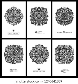 Collection mandala cards on white isolated background. Anti stress coloring book.